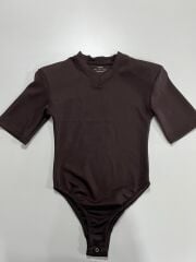 Km 4623 Vatkalı V Yaka Kahve Body Suit