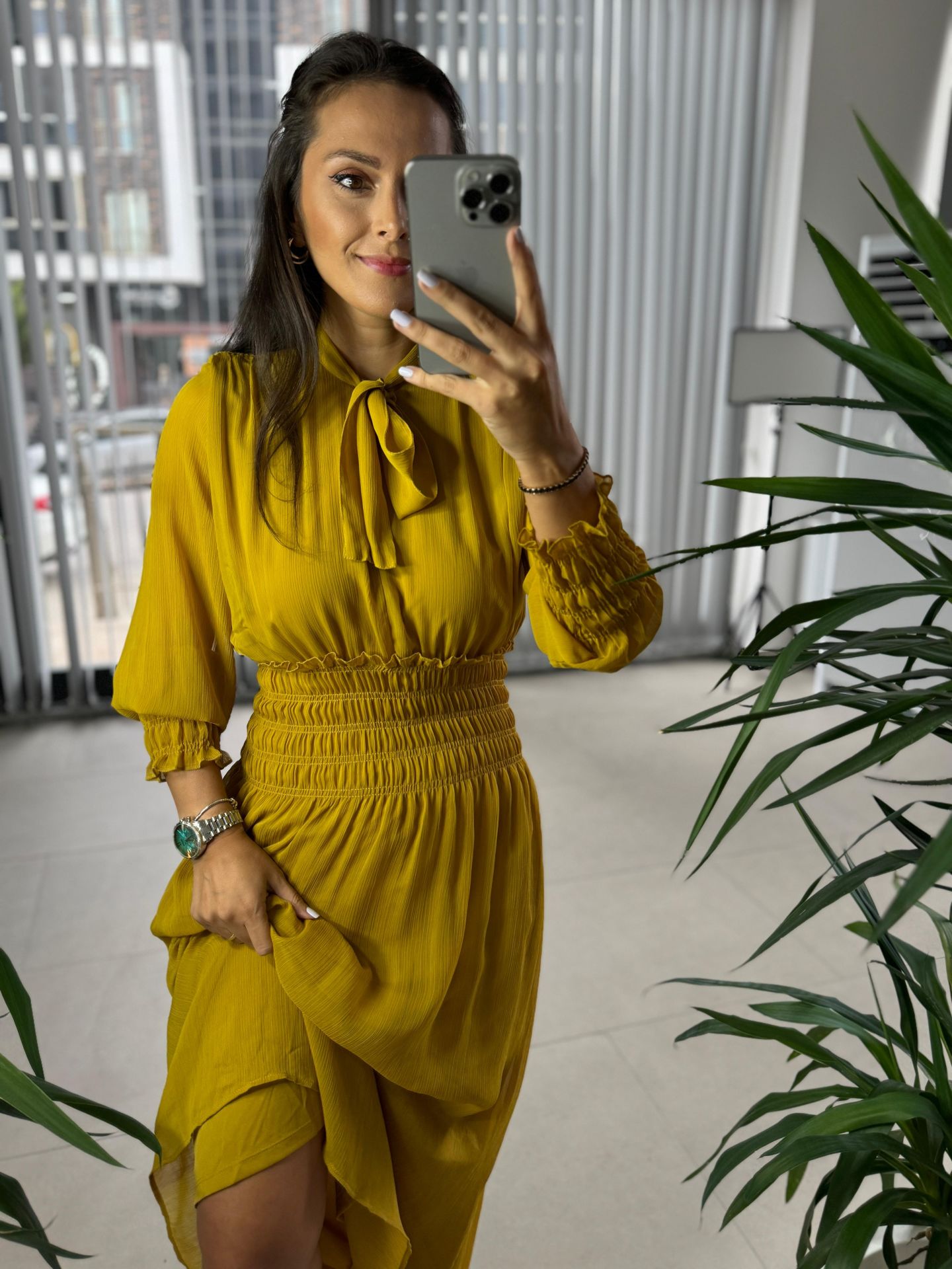 Original Brand Mustard Chiffon Dress with Collar Tie