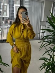 Original Brand Mustard Chiffon Dress with Collar Tie