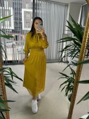 Original Brand Mustard Chiffon Dress with Collar Tie