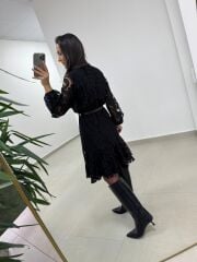 Mc 5113 Siyah Dantel Detaylı Kruvaze Elbise