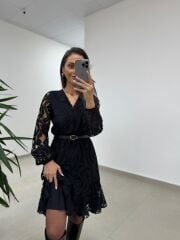 Mc 5113 Siyah Dantel Detaylı Kruvaze Elbise