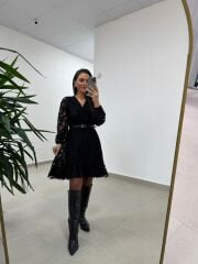 Mc 5113 Siyah Dantel Detaylı Kruvaze Elbise