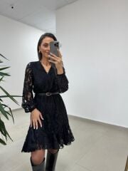 Mc 5113 Siyah Dantel Detaylı Kruvaze Elbise