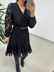 Mc 5113 Siyah Dantel Detaylı Kruvaze Elbise