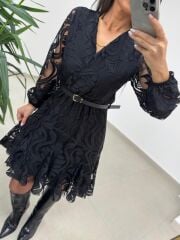 Mc 5113 Siyah Dantel Detaylı Kruvaze Elbise