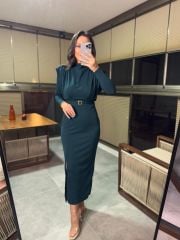 My 3587 Gold Square Buckle Emerald Pencil Dress
