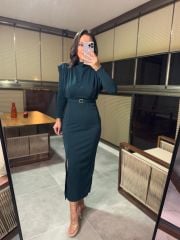 My 3587 Gold Kare Tokalı Zümrüt Kalem Elbise