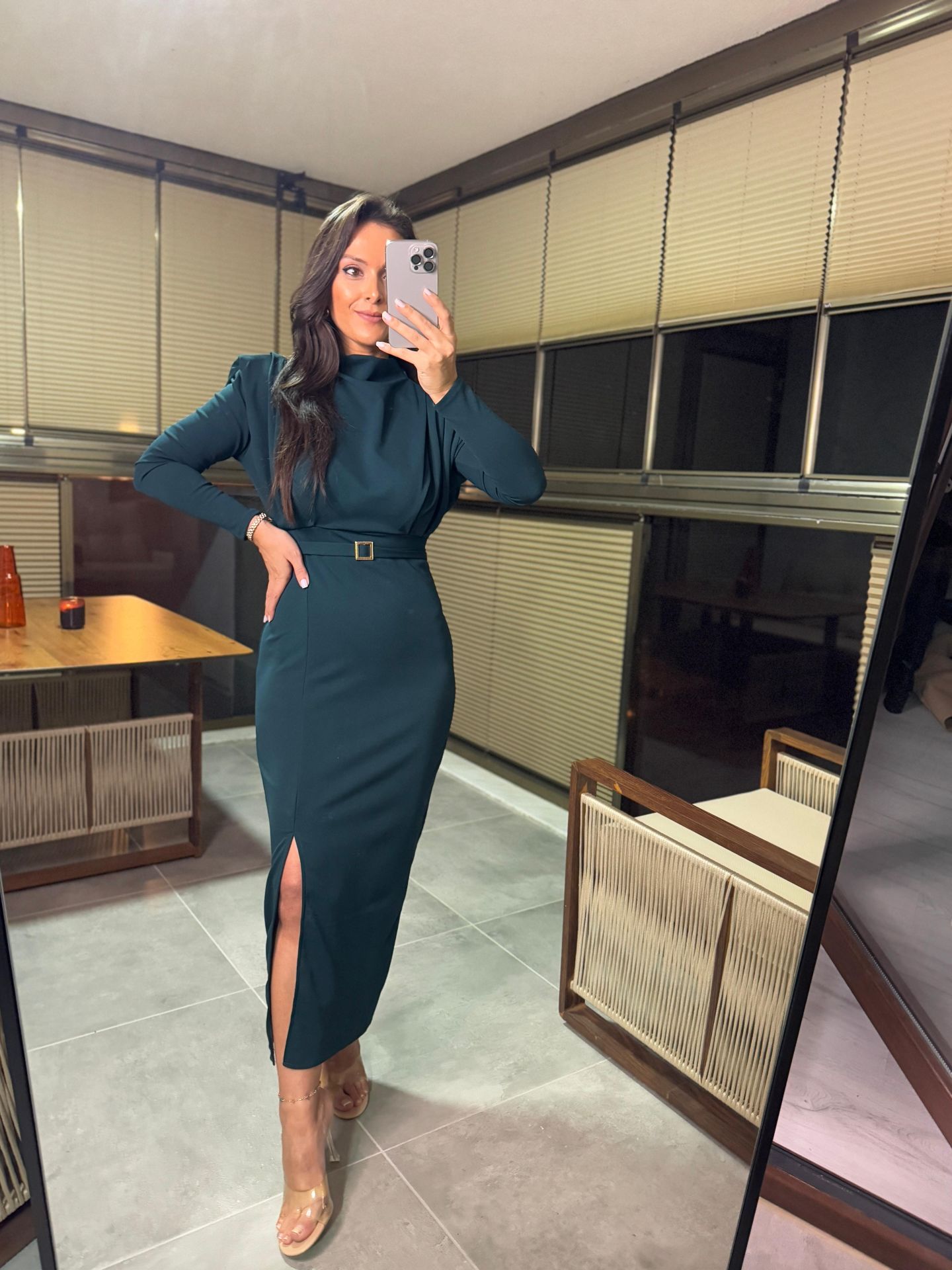 My 3587 Gold Kare Tokalı Zümrüt Kalem Elbise