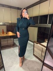 My 3587 Gold Kare Tokalı Zümrüt Kalem Elbise