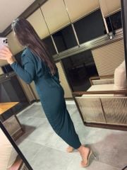 My 3587 Gold Kare Tokalı Zümrüt Kalem Elbise