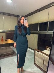 My 3587 Gold Kare Tokalı Zümrüt Kalem Elbise