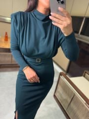 My 3587 Gold Kare Tokalı Zümrüt Kalem Elbise