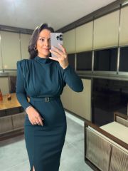 My 3587 Gold Kare Tokalı Zümrüt Kalem Elbise