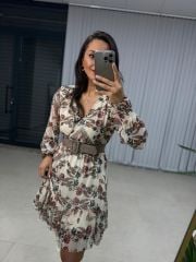 My Krem Çiçekli Şifon Elbise