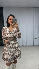 My Krem Çiçekli Şifon Elbise