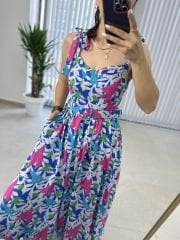 My 3231 Pembe Laleli kemerli elbise