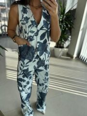 Bb 29978-94 İndigo Çiçekli Yelekli Takım