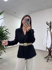 Fp 9724 Kendinden Kemerli Pamuk Keten Siyah Ceket