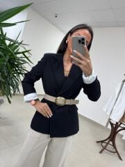 Fp 9724 Kendinden Kemerli Pamuk Keten Siyah Ceket