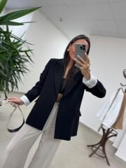 Fp 9724 Kendinden Kemerli Pamuk Keten Siyah Ceket