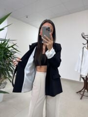 Fp 9724 Kendinden Kemerli Pamuk Keten Siyah Ceket