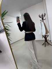 Fp 9724 Kendinden Kemerli Pamuk Keten Siyah Ceket