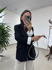 Fp 9724 Kendinden Kemerli Pamuk Keten Siyah Ceket