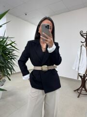 Fp 9724 Kendinden Kemerli Pamuk Keten Siyah Ceket