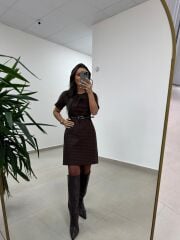 Mc 5111 Kahve Yaka Pens Detaylı Elbise