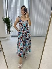 My 3231 Mavi laleli kemerli viskon elbise