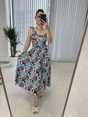 My 3231 Mavi laleli kemerli viskon elbise