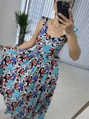 My 3231 Mavi laleli kemerli viskon elbise