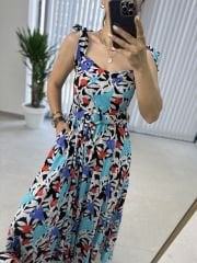 My 3231 Mavi laleli kemerli viskon elbise