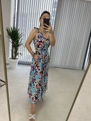 My 3231 Mavi laleli kemerli viskon elbise