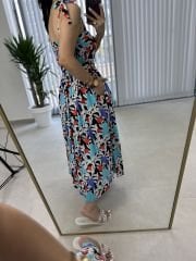 My 3231 Mavi laleli kemerli viskon elbise