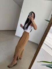 MZ 23057 Camel Yırtmaçlı Crep Pantolon