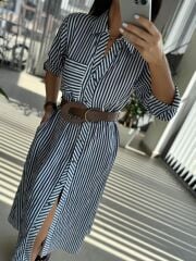 Fw 0411 İndigo Çizgili Kahve Kemerli Gömlek Elbise