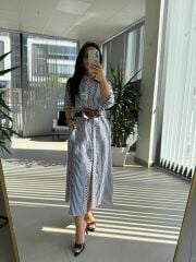 Fw 0411 İndigo Çizgili Kahve Kemerli Gömlek Elbise