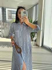 Fw 0411 İndigo Çizgili Kahve Kemerli Gömlek Elbise