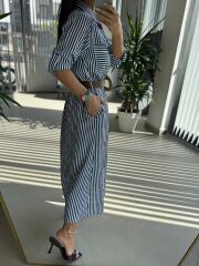Fw 0411 İndigo Çizgili Kahve Kemerli Gömlek Elbise