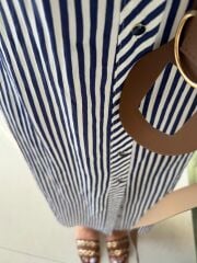 Fw 0411 İndigo Çizgili Kahve Kemerli Gömlek Elbise