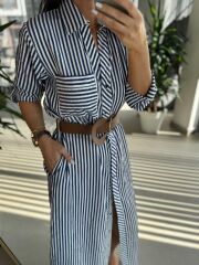 Fw 0411 İndigo Çizgili Kahve Kemerli Gömlek Elbise