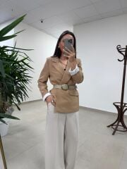 Fp 9724 Kendinden Kemerli Pamuk Keten Camel Ceket