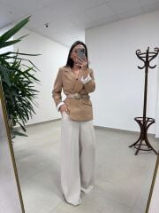 Fp 9724 Kendinden Kemerli Pamuk Keten Camel Ceket