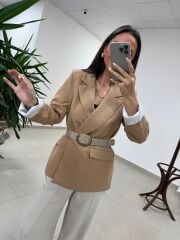 Fp 9724 Kendinden Kemerli Pamuk Keten Camel Ceket