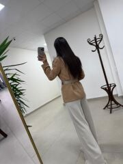 Fp 9724 Kendinden Kemerli Pamuk Keten Camel Ceket