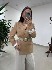 Fp 9724 Kendinden Kemerli Pamuk Keten Camel Ceket