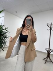 Fp 9724 Kendinden Kemerli Pamuk Keten Camel Ceket