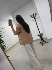 Fp 9724 Kendinden Kemerli Pamuk Keten Camel Ceket